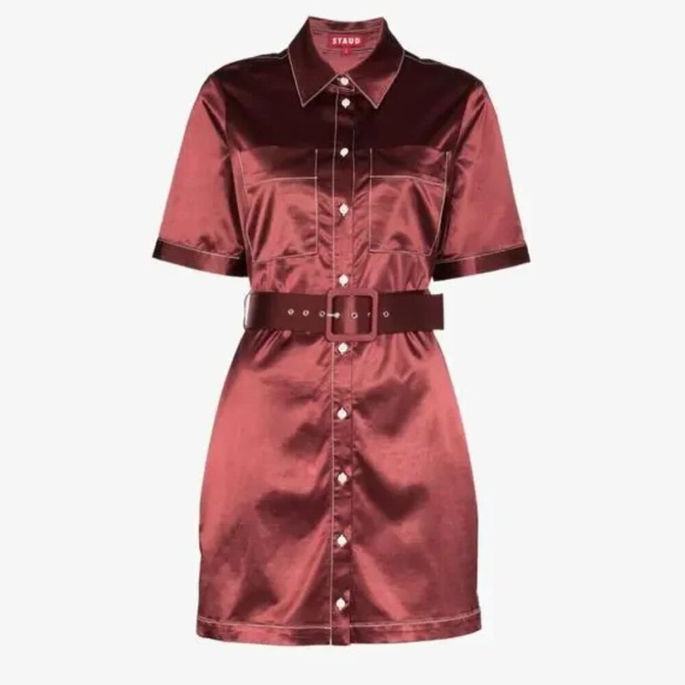 STAUD Bentley Belted Satin Shirt Dress Tawny Port XS